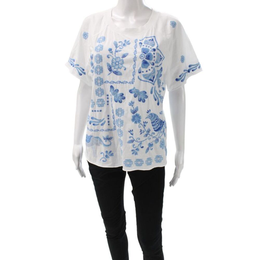 Johnny Was Women Boho Floral Linen T-Shirt Short Sleeve White Size M